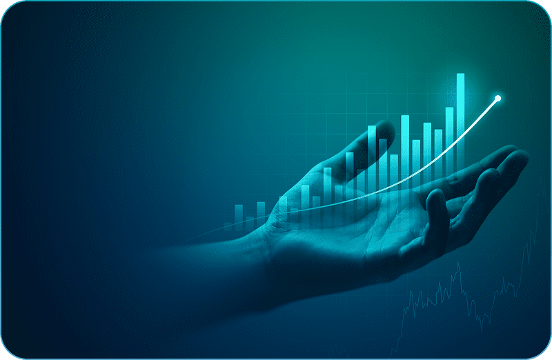 Hand supporting a rising bar graph.