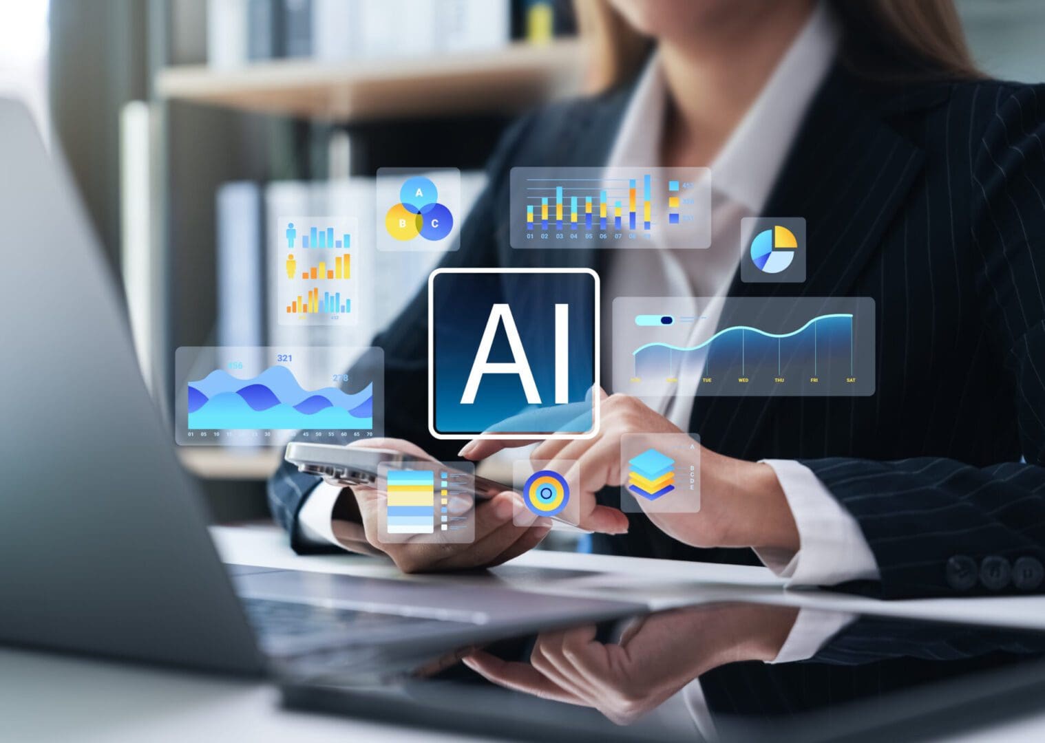 Businessperson using AI analytics on laptop and phone