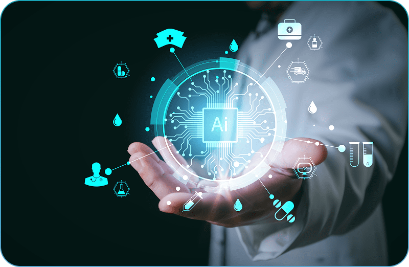 AI hologram above hand with medical icons.