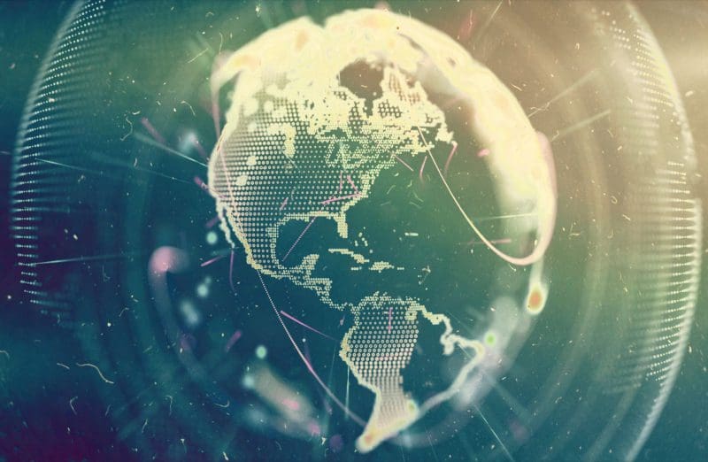Digital globe with a focus on North and South America, surrounded by data and light effects.