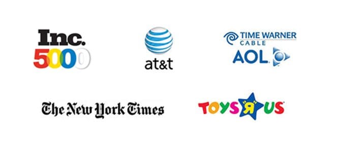 Collage of popular company logos including AT&T, Time Warner Cable, New York Times, and Toys"R"Us.