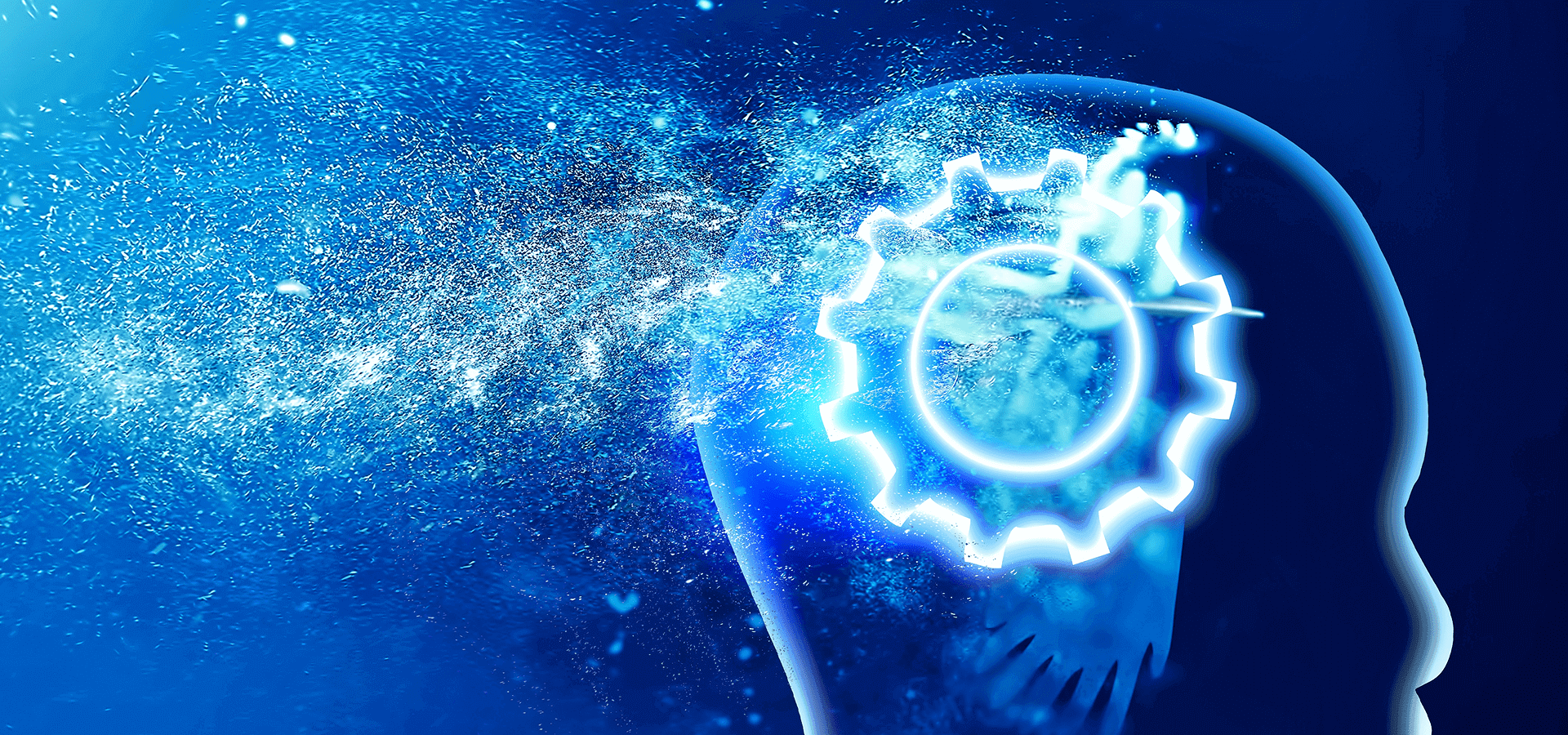 A glowing gear inside a bright blue light, symbolizing technology and innovation.