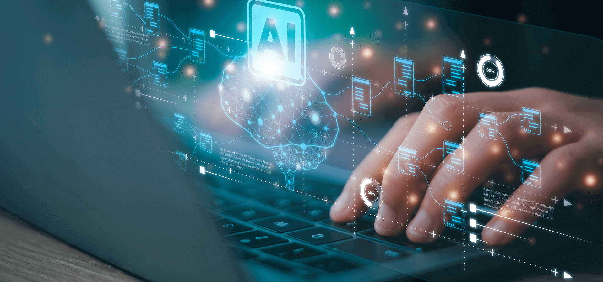 Hand typing on laptop with AI and digital tech icons.