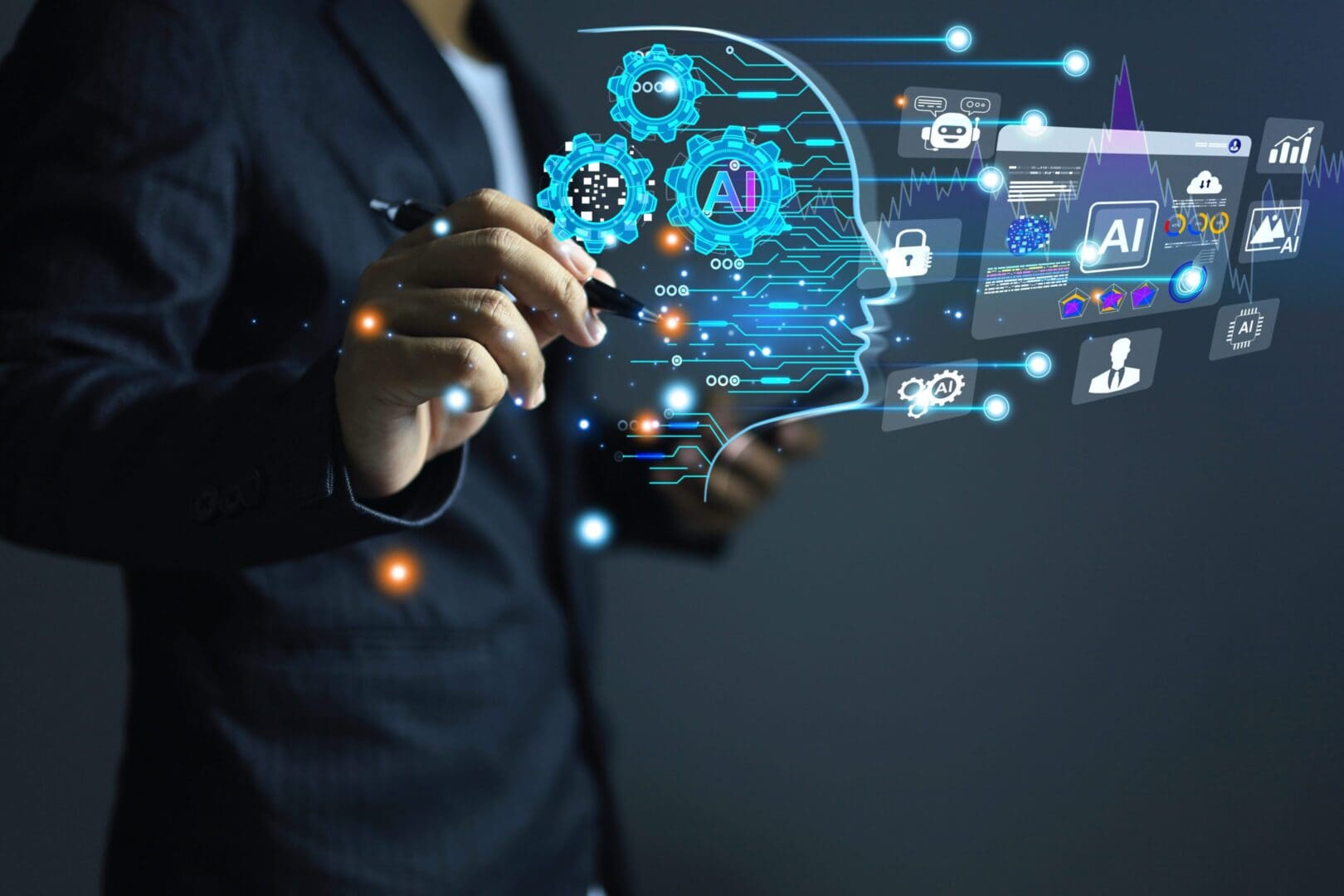 Businessman interacting with digital AI and technology interface.