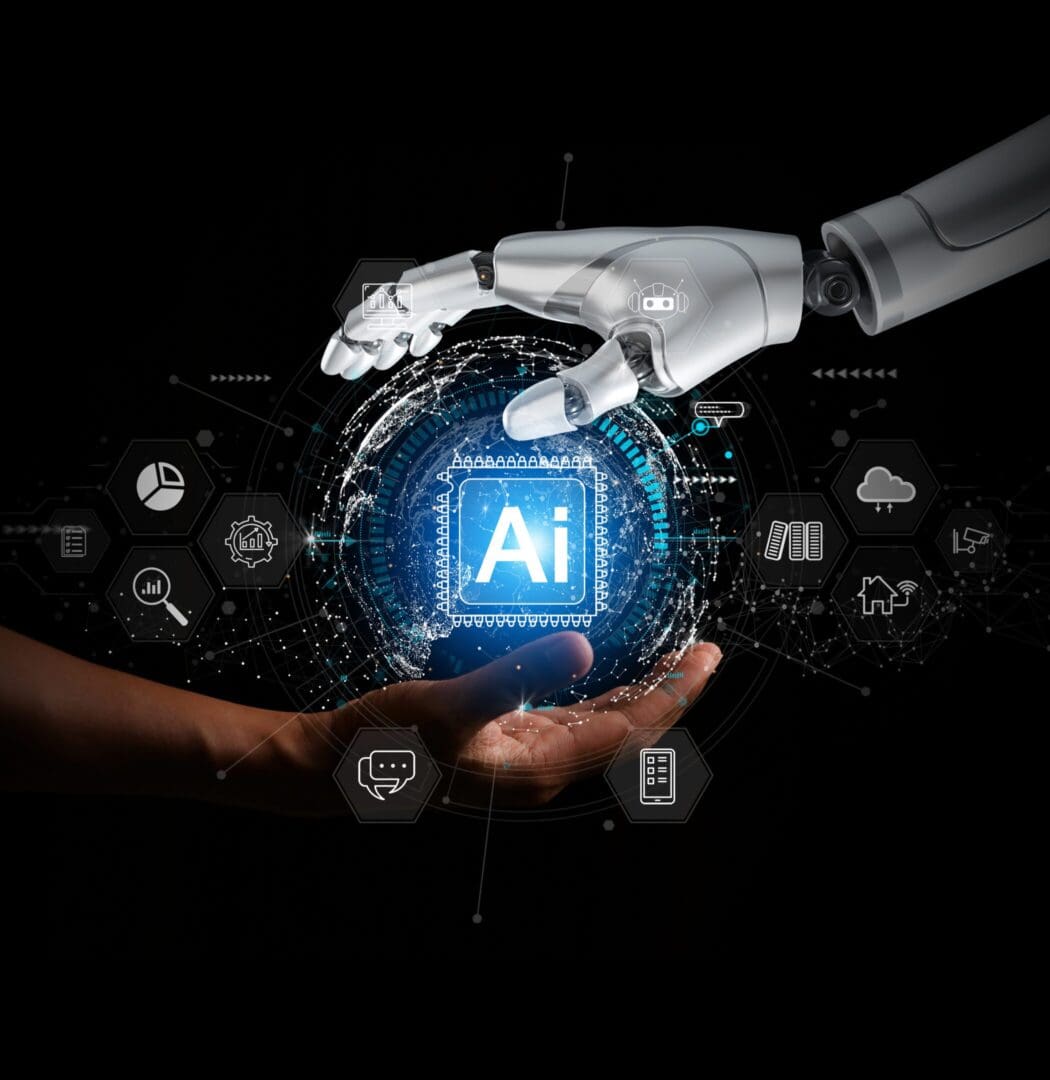 A robotic hand and a human hand holding a glowing AI chip symbol.