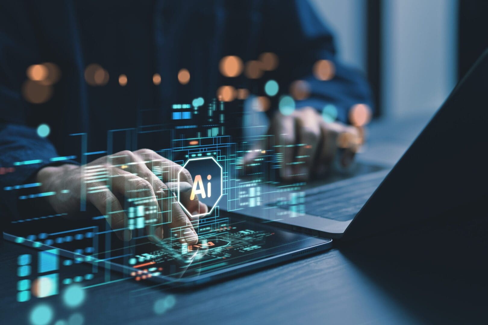 Person interacting with AI technology on a laptop keyboard.