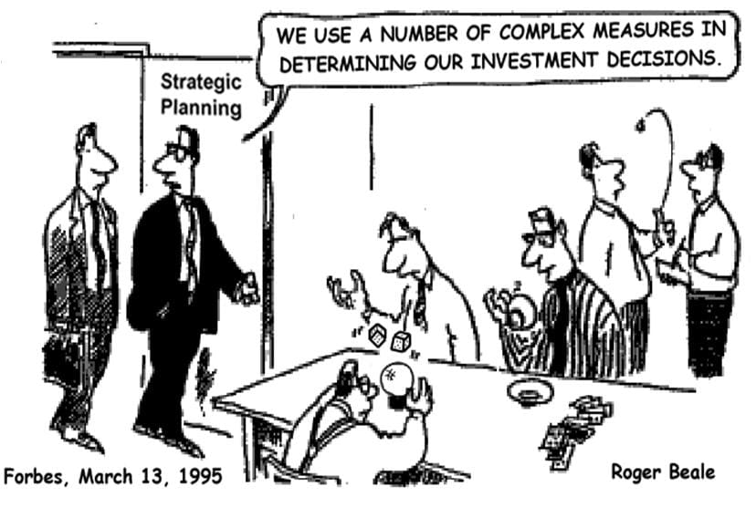 Business people overwhelmed by complex investment decision metrics.