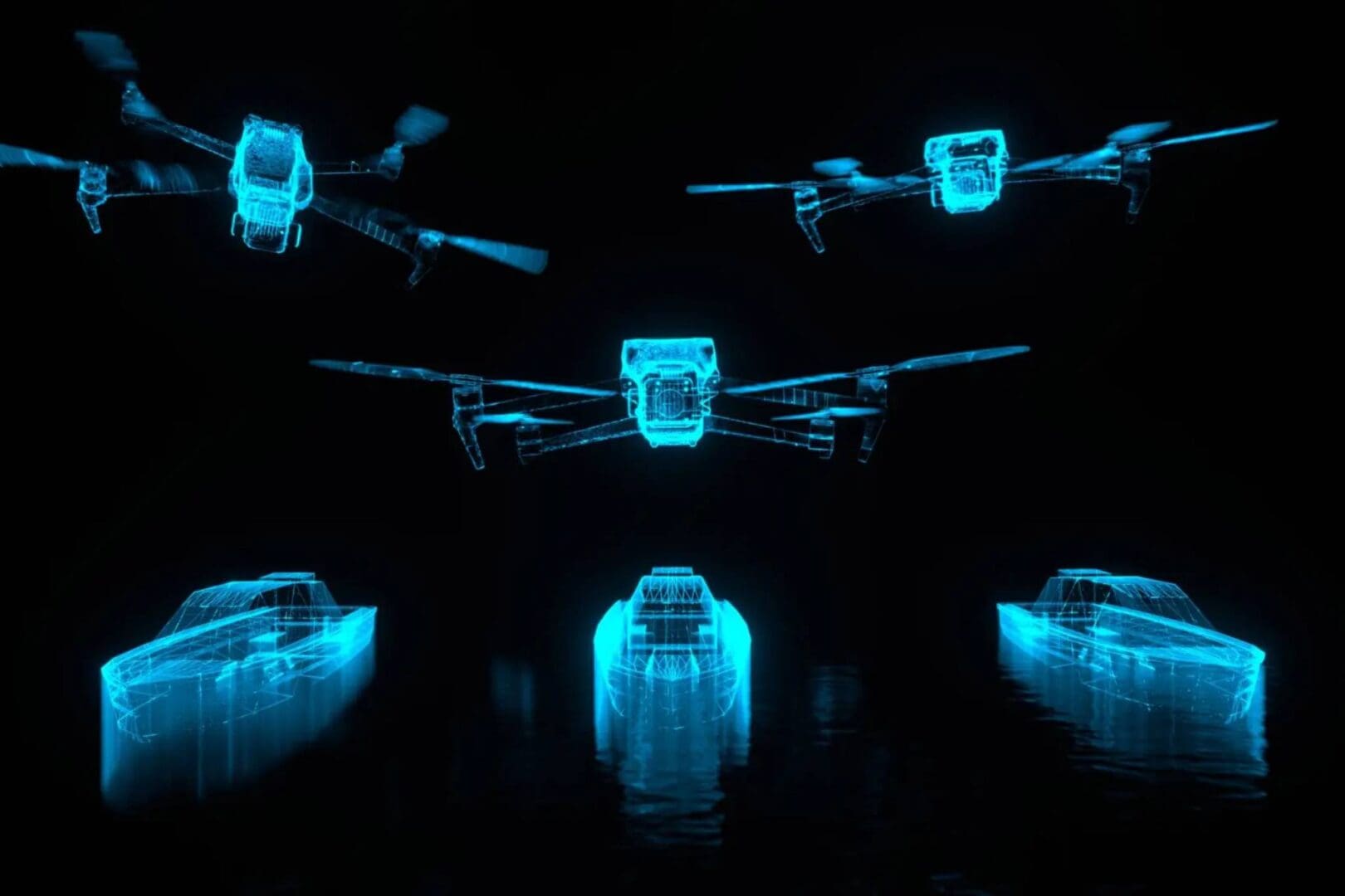 Futuristic drones illuminated with blue light flying in formation.