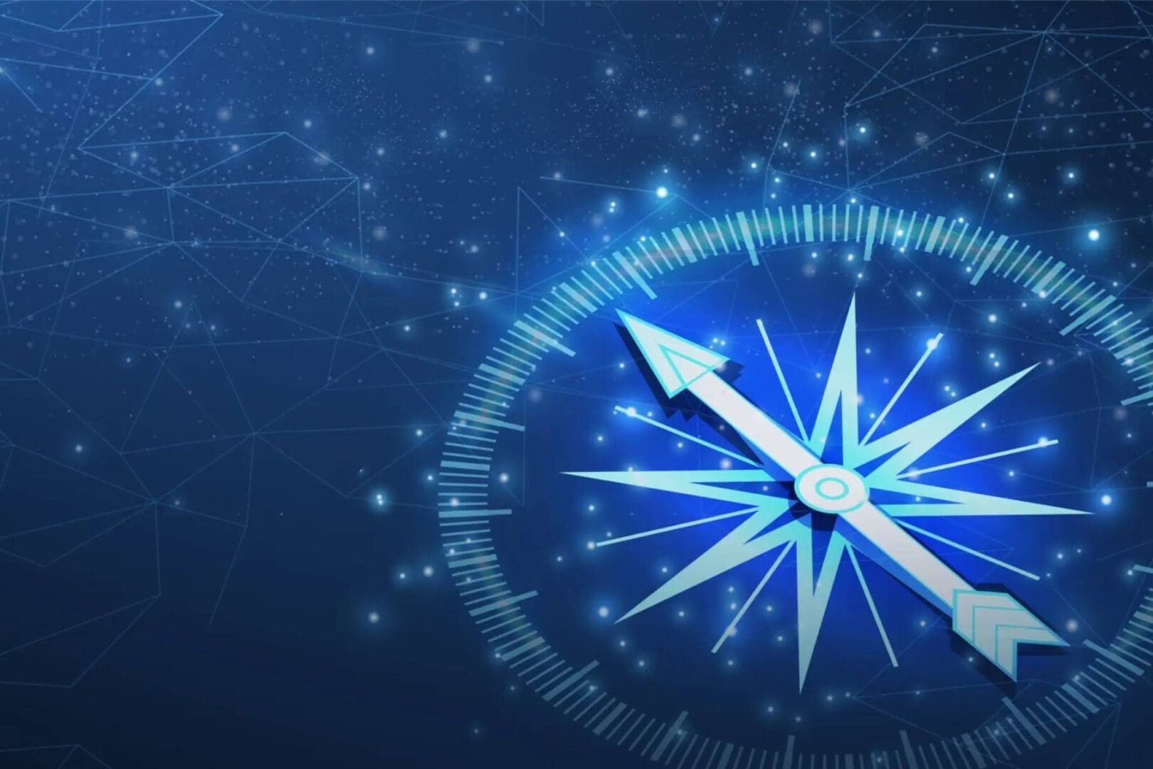 A glowing blue compass on a starry background.