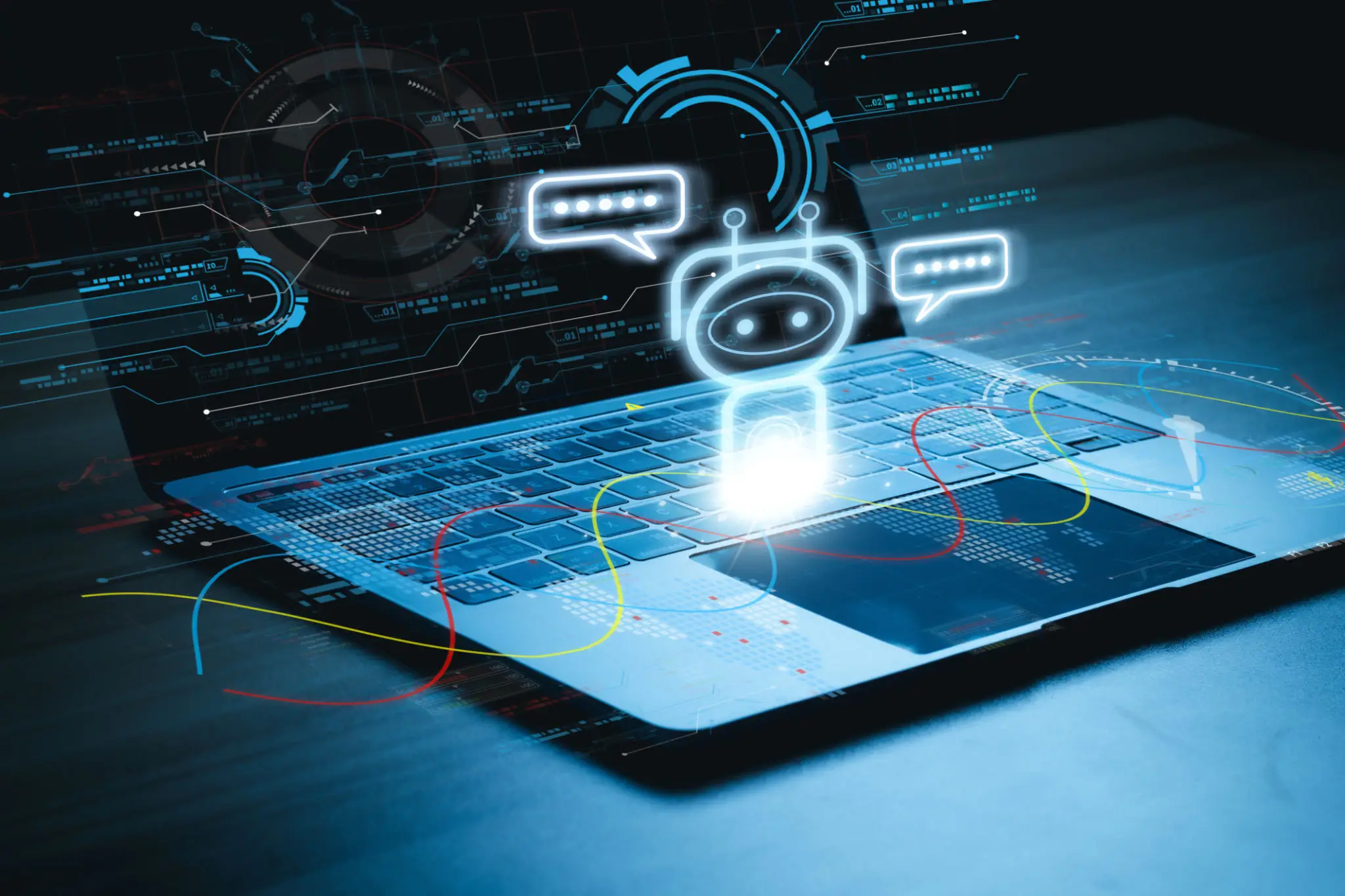 A glowing chatbot hologram emerging from a digital tablet screen.