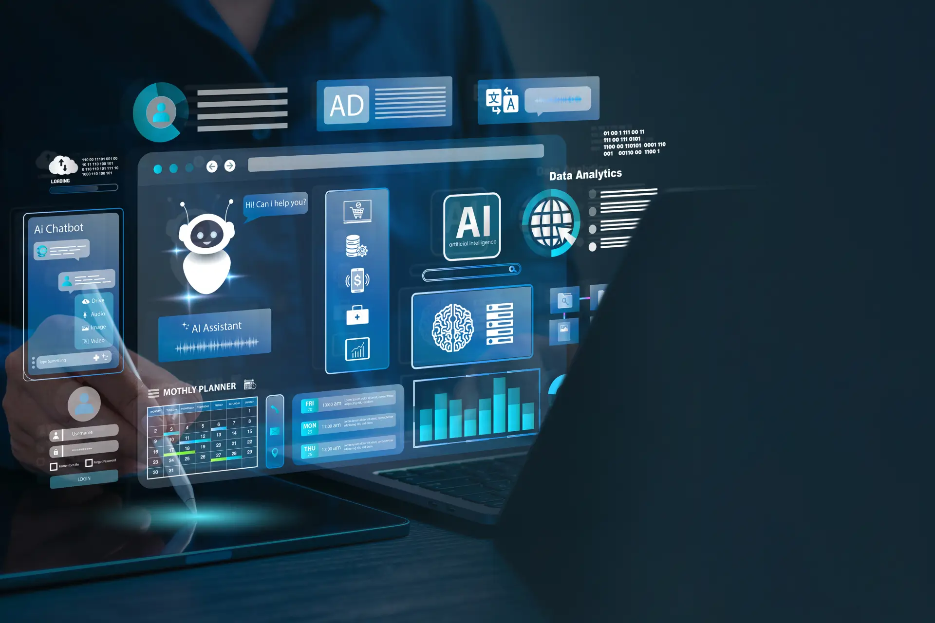 Holographic AI dashboard over laptop screen