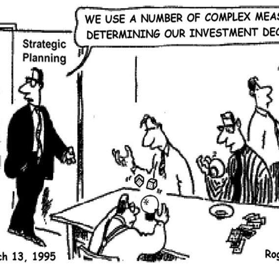 Cartoon about complex investment decision-making.