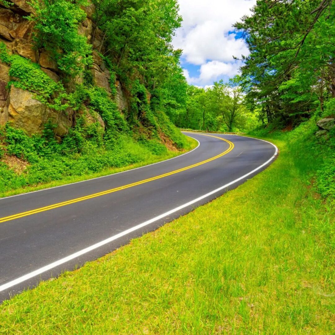 Winding road through lush green landscape.