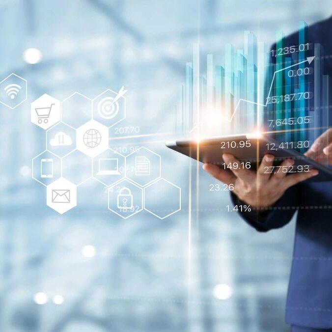 Businessman using tablet with digital interface.