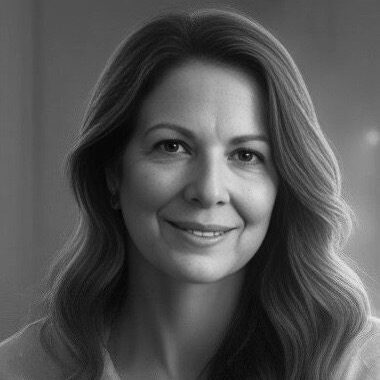 Black and white portrait of a smiling woman with wavy hair.